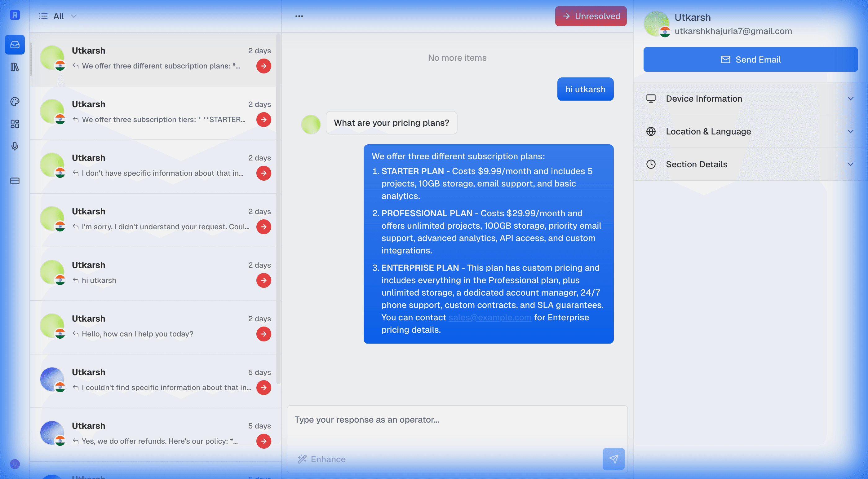 Cortex dashboard — conversation management with AI-powered responses