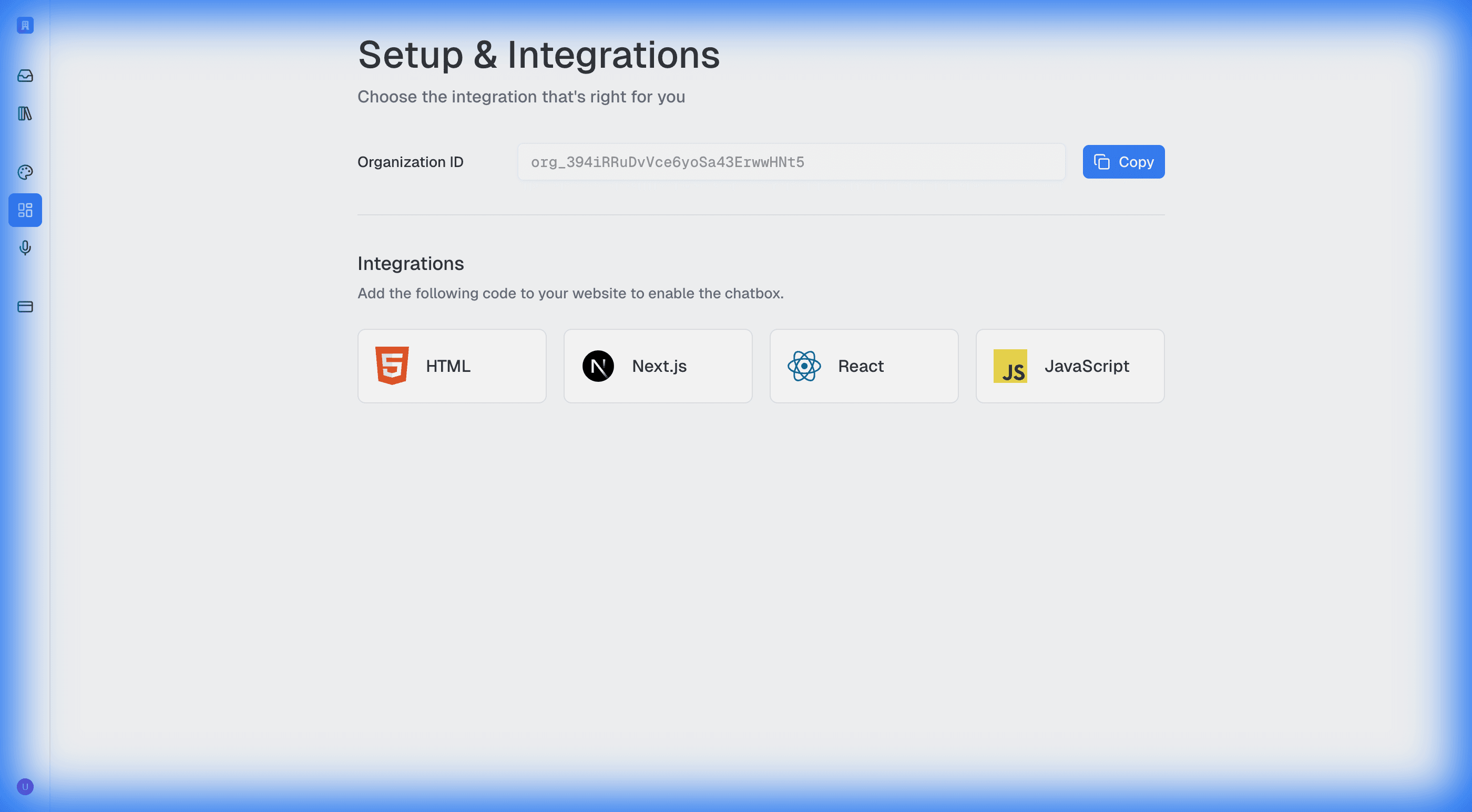 Setup & Integrations page showing HTML, Next.js, React, and JavaScript options